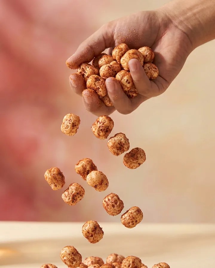 A hand scooping crunchy peri peri makhana