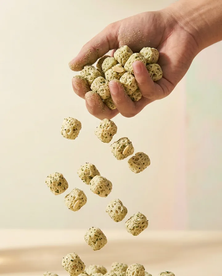 Mint puffs falling from a hand